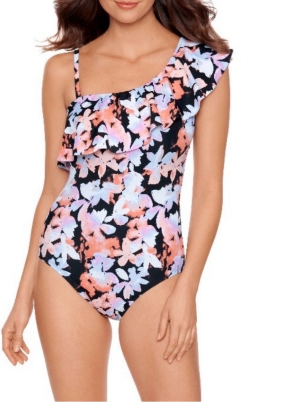 New Time and Tru One-Shoulder Floral Ruffle Swimsuit in Black, Coral L (12-14)